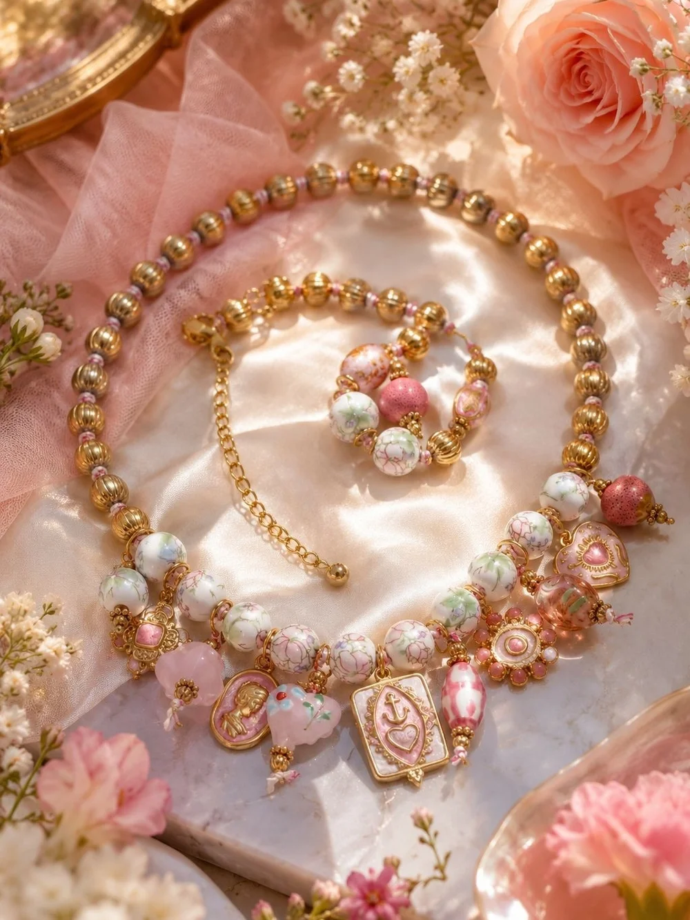 Pink and Gold Beaded Charm Necklace with Matching Bracelet - Picture 4 of 5